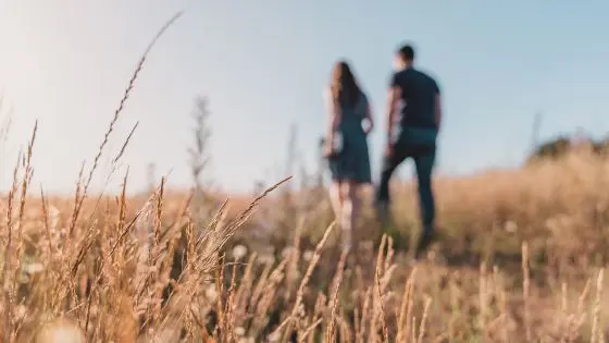 couple walking in wheat field